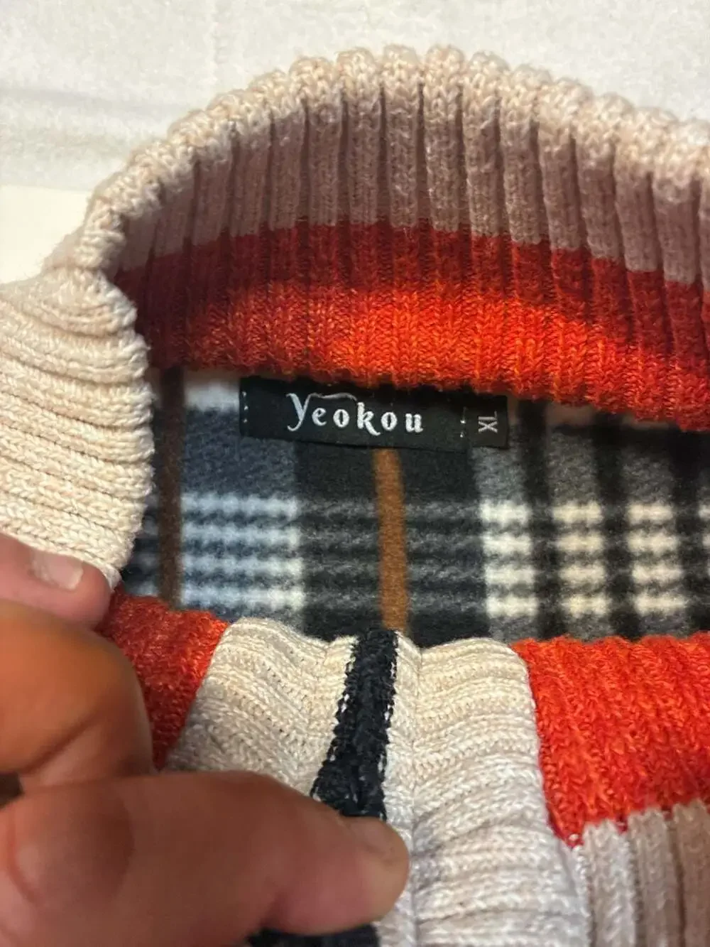 Yeokou Men's Beige Full Zip Stand Collar Knit Cardigan Sweater